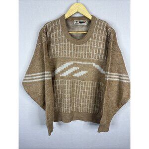 Vintage 80s Mohair Blend Sweater Tan White Grid Pattern Made In Korea Size 36